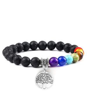 Bracelet 7 Chakras avec Arbre de Vie et Pierres de Lave